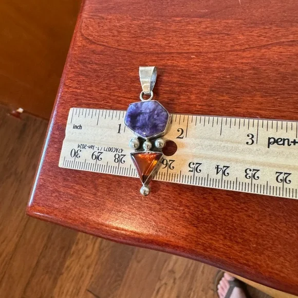 Vintage Navajo Artisan Thomas Francisco Sterling Silver Charoite Amber Pendant. - Picture 4 of 16